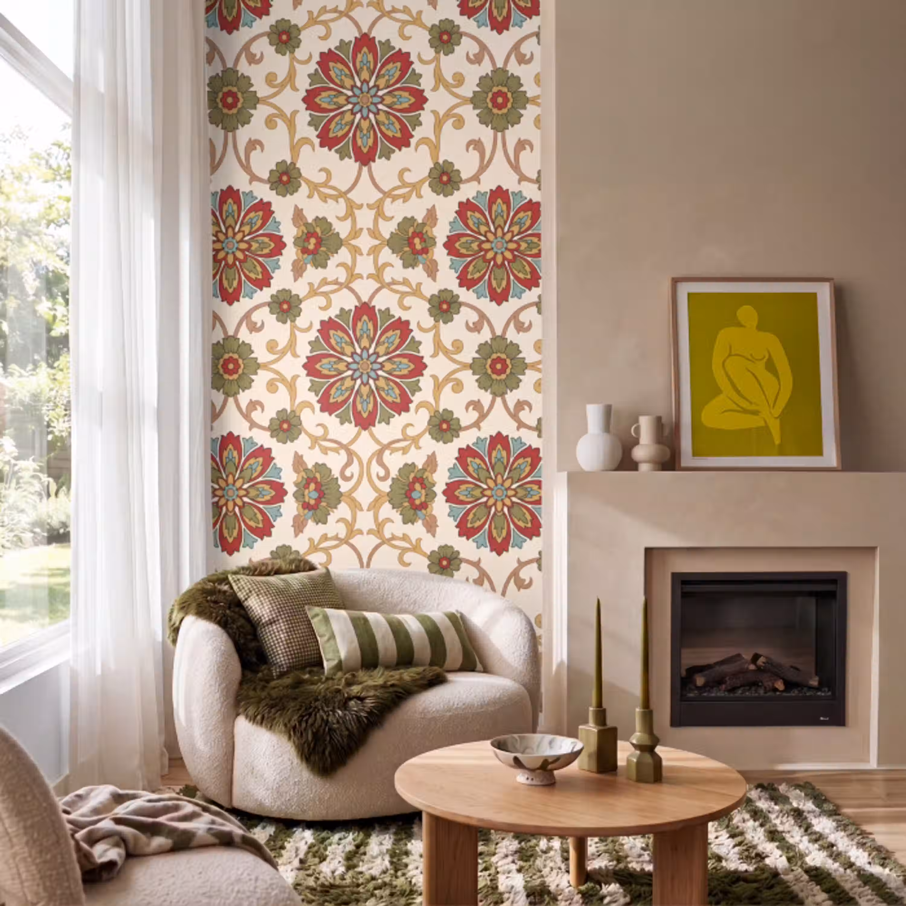 Patroon - Bloemen - Ornament - Klassiek - Kleurrijk Behang Vlies klein -sfeer2