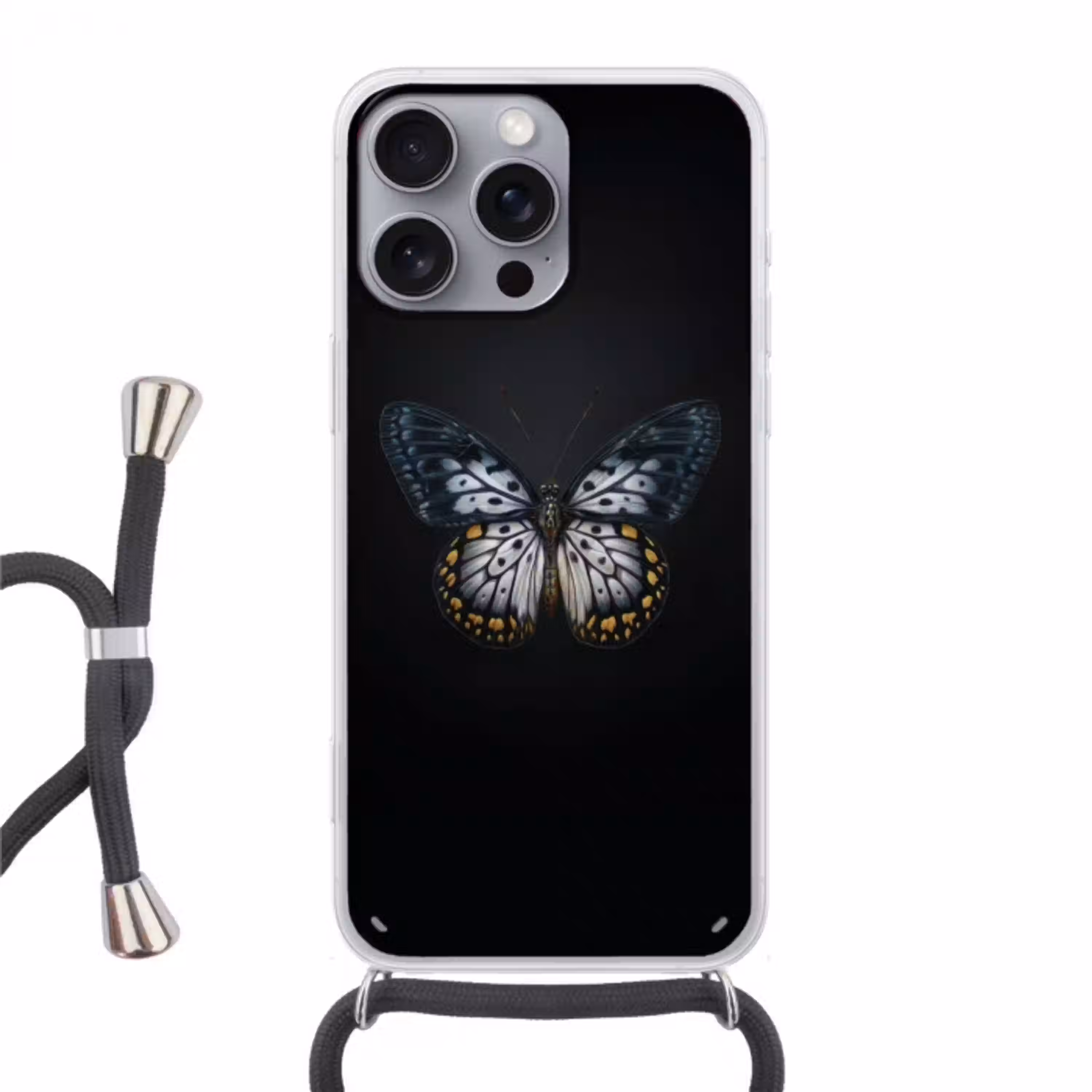 Vlinder - Monochroom - Balans Hoesje iPhone 16 Pro Max met koord klein -3d