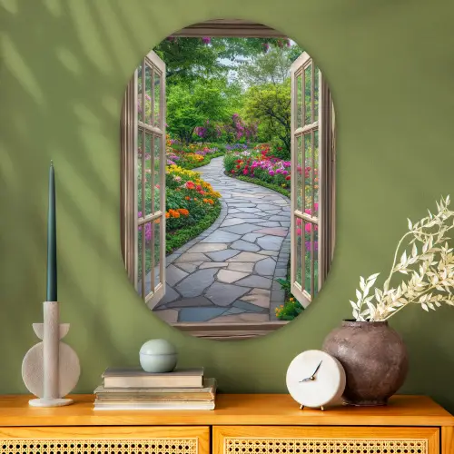 Doorkijk - Bloemen - Tuinpad - Natuur - Raam Wandcirkel Ovaal Glas middel -sfeer2