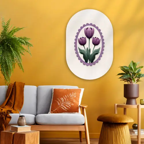 Tulpen - Paars - Lijst - Bladeren Wandcirkel Ovaal Glas middel -sfeer4
