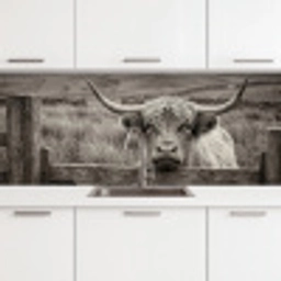 Schotse hooglander - Zwart - Wit - Hout keuken achterwand 2 middel -3d