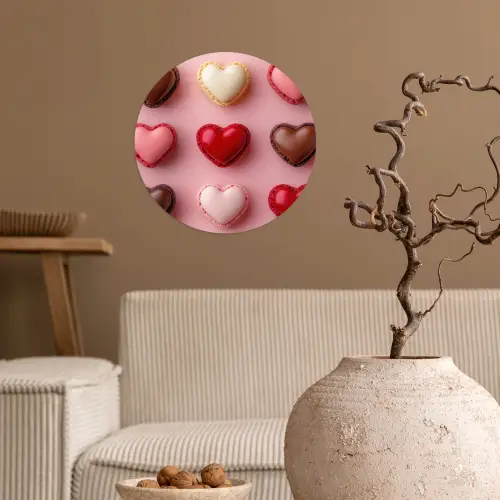 Macarons - Hartjes - Kleurrijk - Roze Wandcirkel behangsticker klein -sfeer1