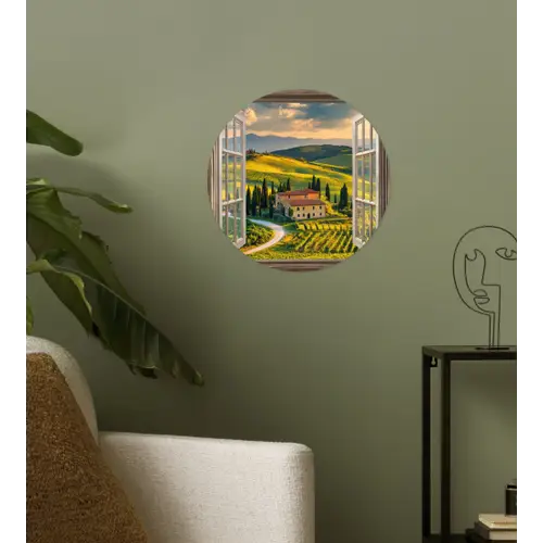 Doorkijk - Toscane - Uitzicht - Landschap - Zomer Wandcirkel behangsticker klein -sfeer2