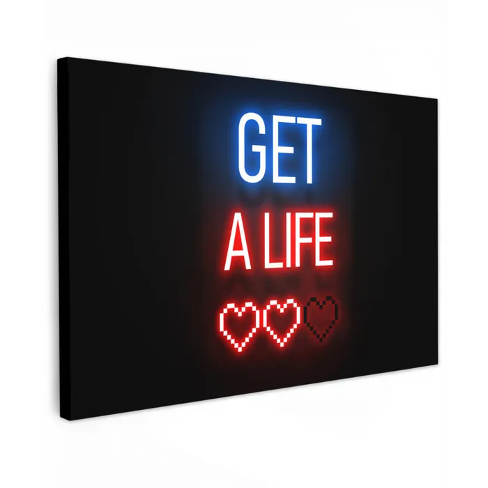 Gaming - Tekst - Get a life - Neon - Zwart canvas 2cm klein -z3d