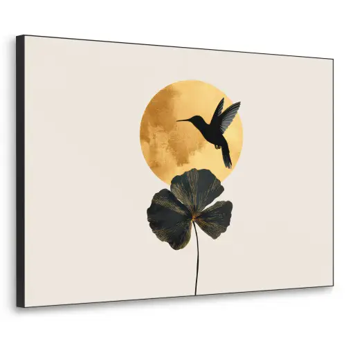 Zwarte kolibrie - Bloem - Gouden cirkel Textielframe zwart klein -3d