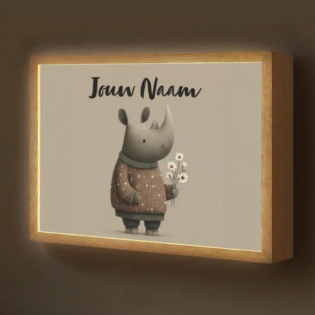 Lightbox - Wandlamp kinderkamer met naam - Neushoorn - Witte bloemen - Lief