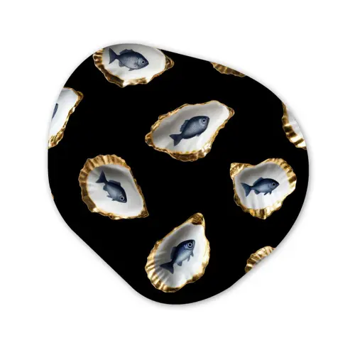Oesters - Vissen - Blauw - Goud Wandcirkel Organisch Aluminium middel -3d