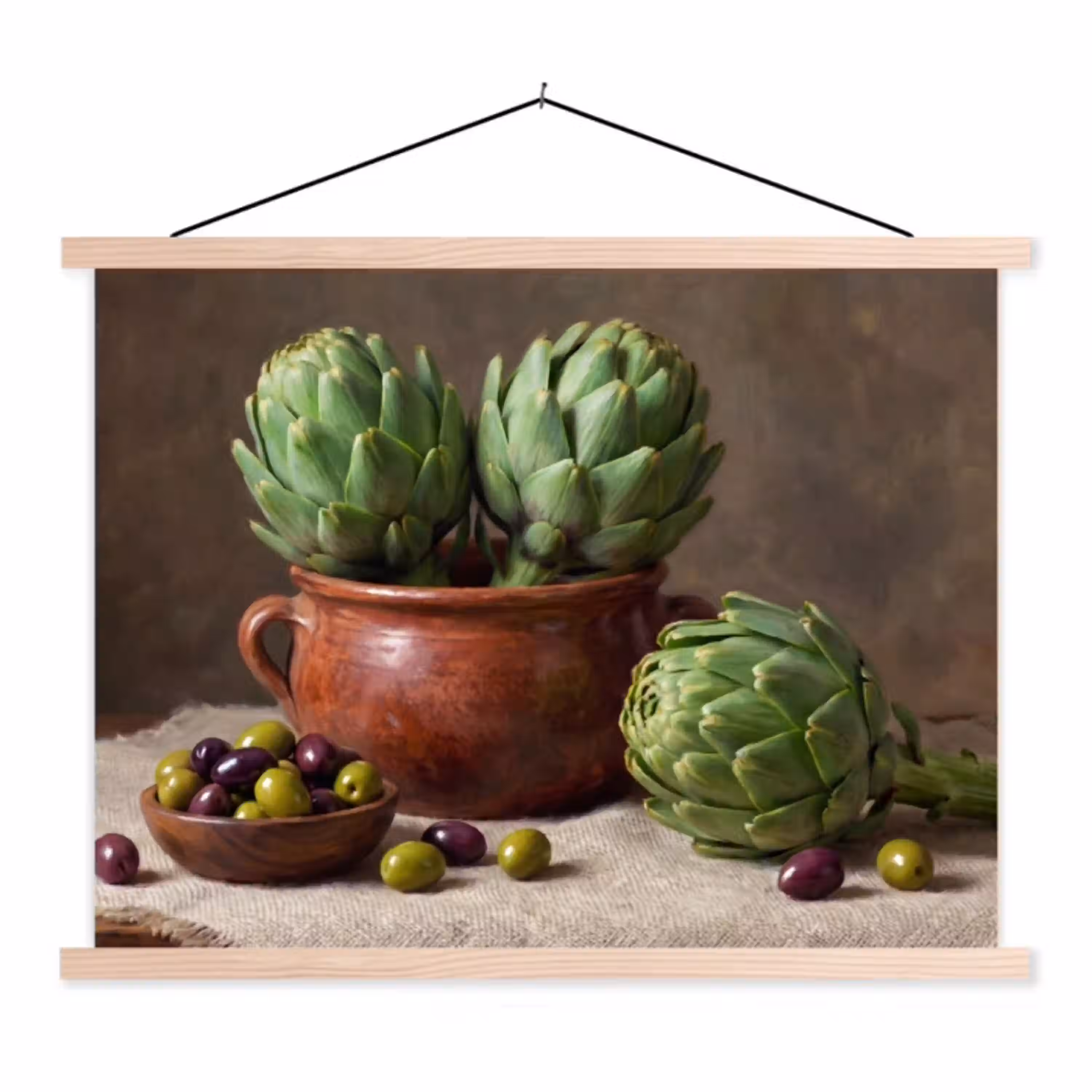Artisjokken - Olijven - Eten textielposter latten blank klein -3d