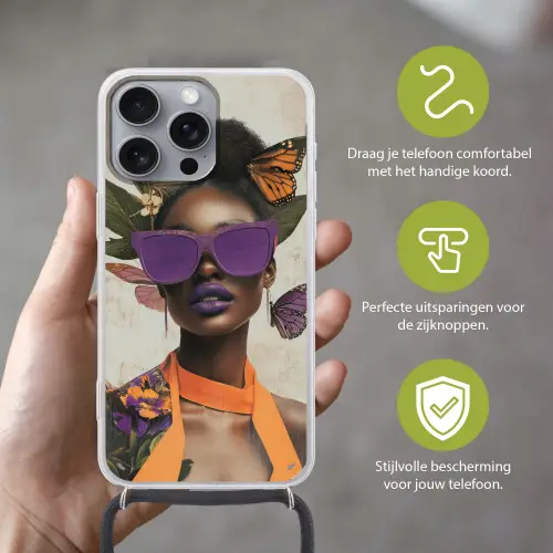 Vrouw - Zonnebril - Vlinder - Bloemen Hoesje iPhone 16 Pro Max met koord klein -sfeer2_NL