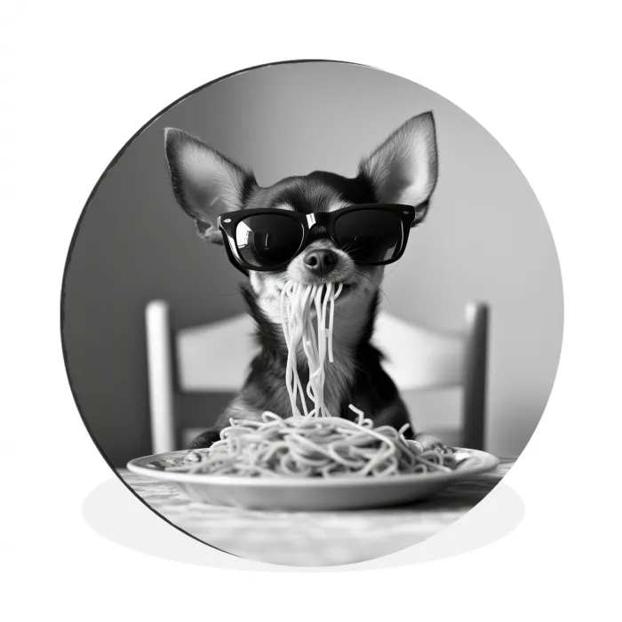 Chihuahua - Hond - Zonnebril - Humoristisch - Zwart - Wit - Spaghetti Wandcirkel aluminium klein -3d