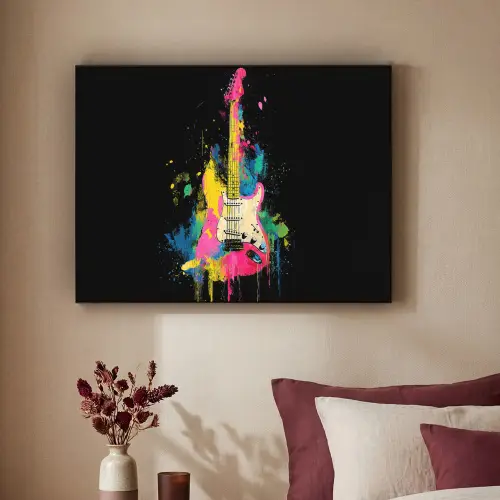 Gitaar - Kleurrijk - Verf Textielframe zwart klein -sfeer1