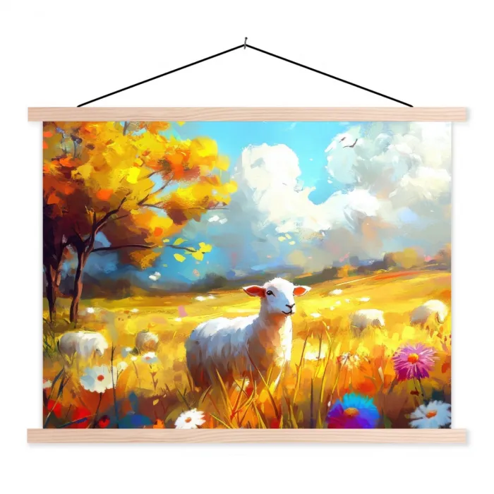 Schaap - Weide - Bloemen textielposter latten blank klein -3d