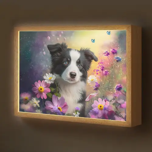 Hond - Bloemen - Natuur - Puppy - Bordercollie Light Box met batterij (Wandlamp kind) middel -z3d_website