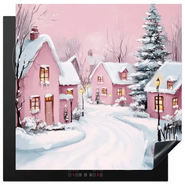 Kerstdorp - Roze - Winter - Sneeuw - Huizen Inductie beschermer vinyl 3mm middel -3d