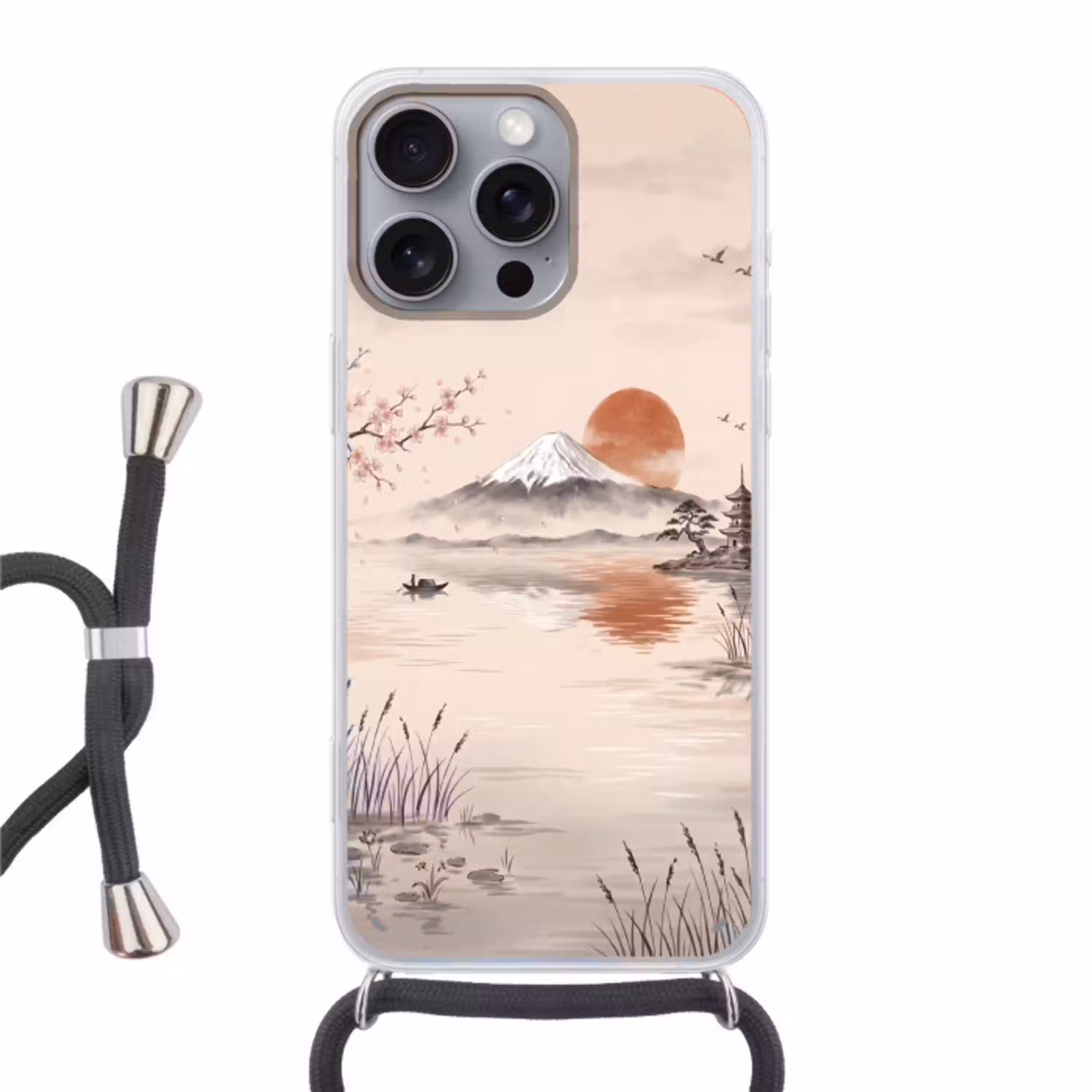 Bergtop - Meer - Bloesem Hoesje iPhone 16 Pro Max met koord klein -3d