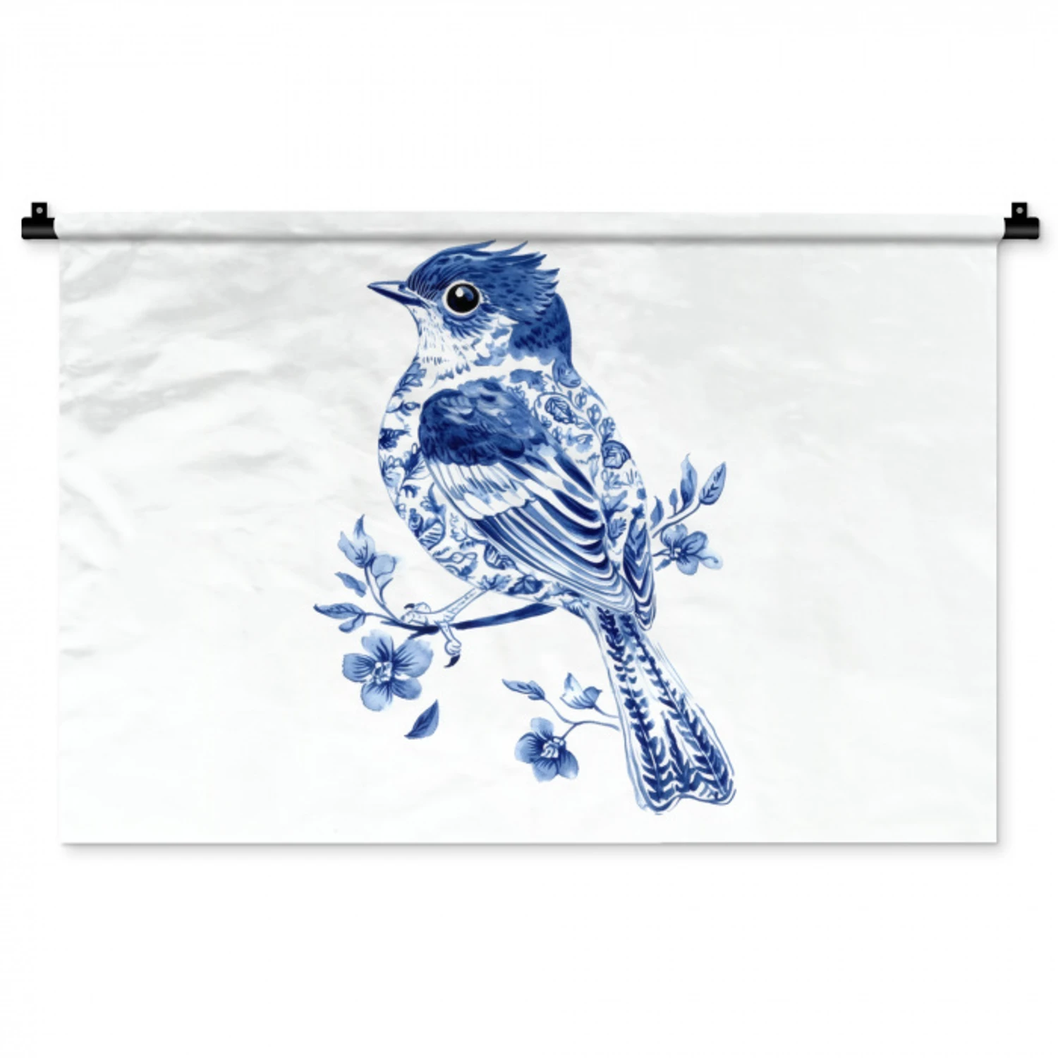 Vogel - Delfts blauw - Illustratie - Bloemen Wandkleed katoen middel -zz3d