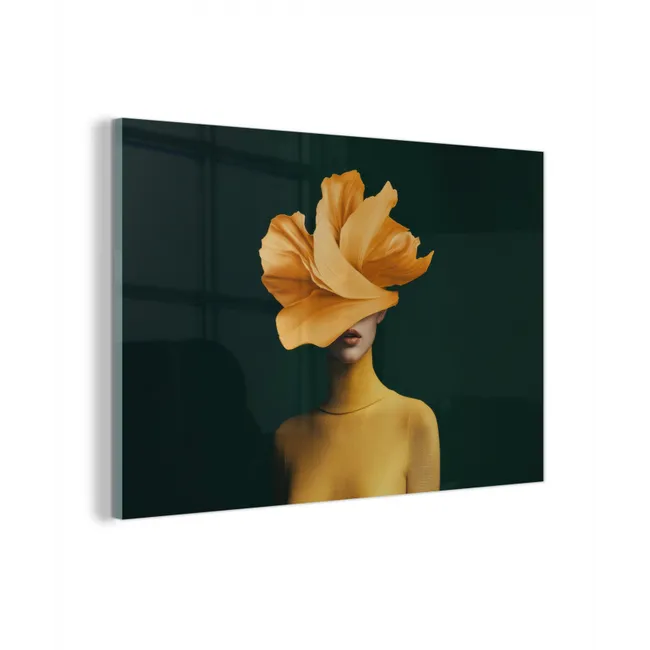 Glas schilderij - Vrouw - Hoed - Geel