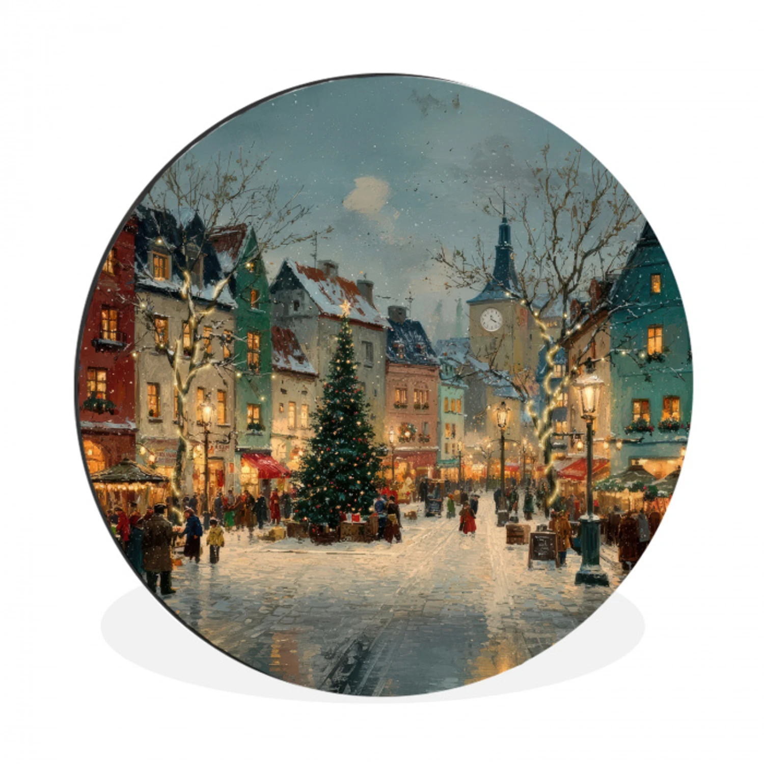 Kerstsfeer - Stadsplein - Kleurrijk Wandcirkel aluminium klein -3d