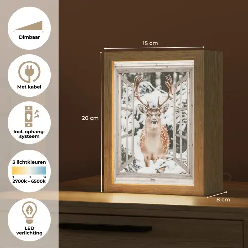 Doorkijk - Hert - Sneeuw - Winter - Bos - Dieren - Natuur Light Box met kabel (Tafellamp) klein -USP_NL