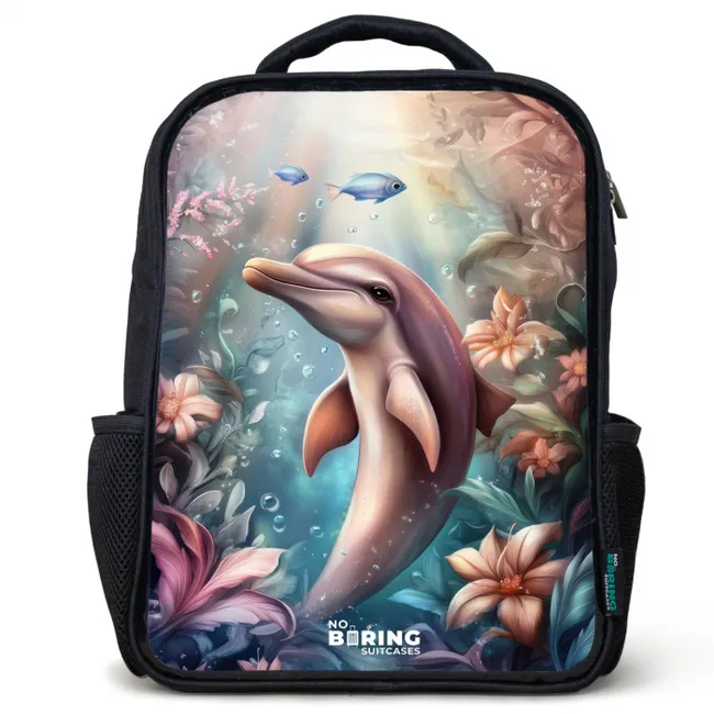 Dolfijn en vissen in onderwater bloemenwereld Rugzak - Zwart middel -3d