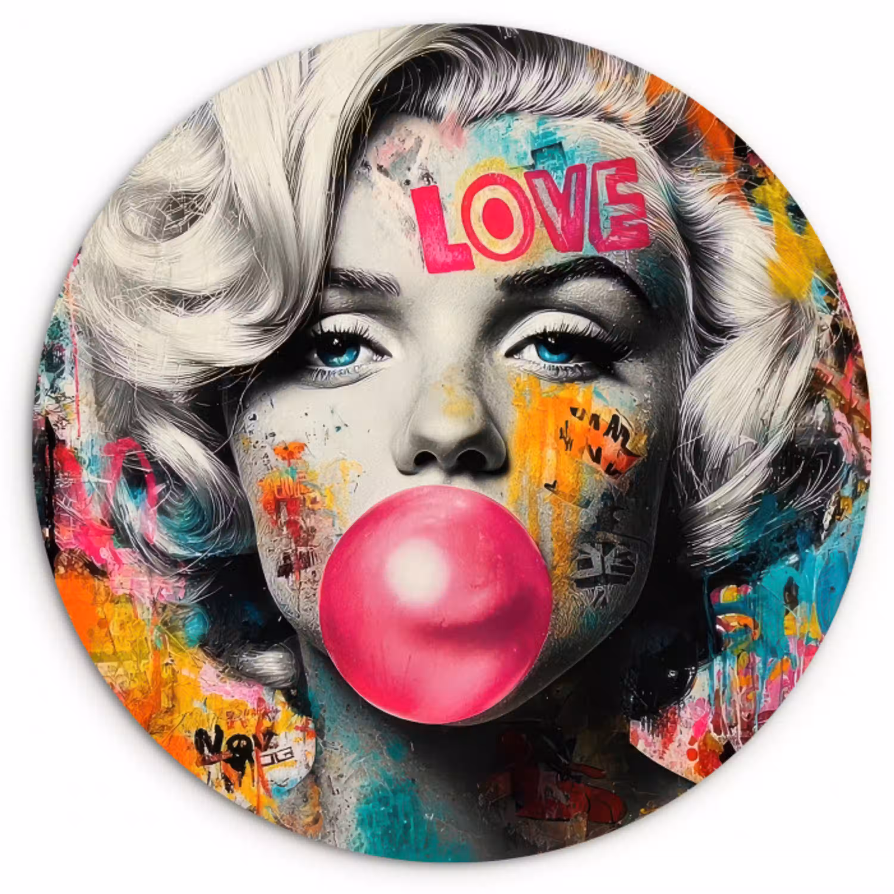 Vrouw - Kauwgom - Graffiti - Neonkleuren Wandcirkel kunststof plaat 5mm dik klein -3d