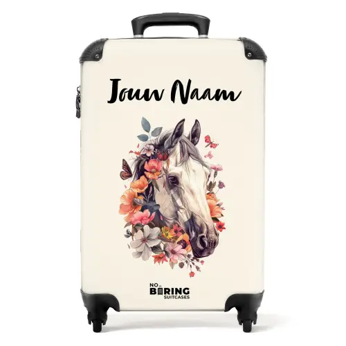 Wit paardenhoofd omringd door bloemen en vlinders NBS - Handbagage koffer - Kinderen Unisex middel -productfoto_recht