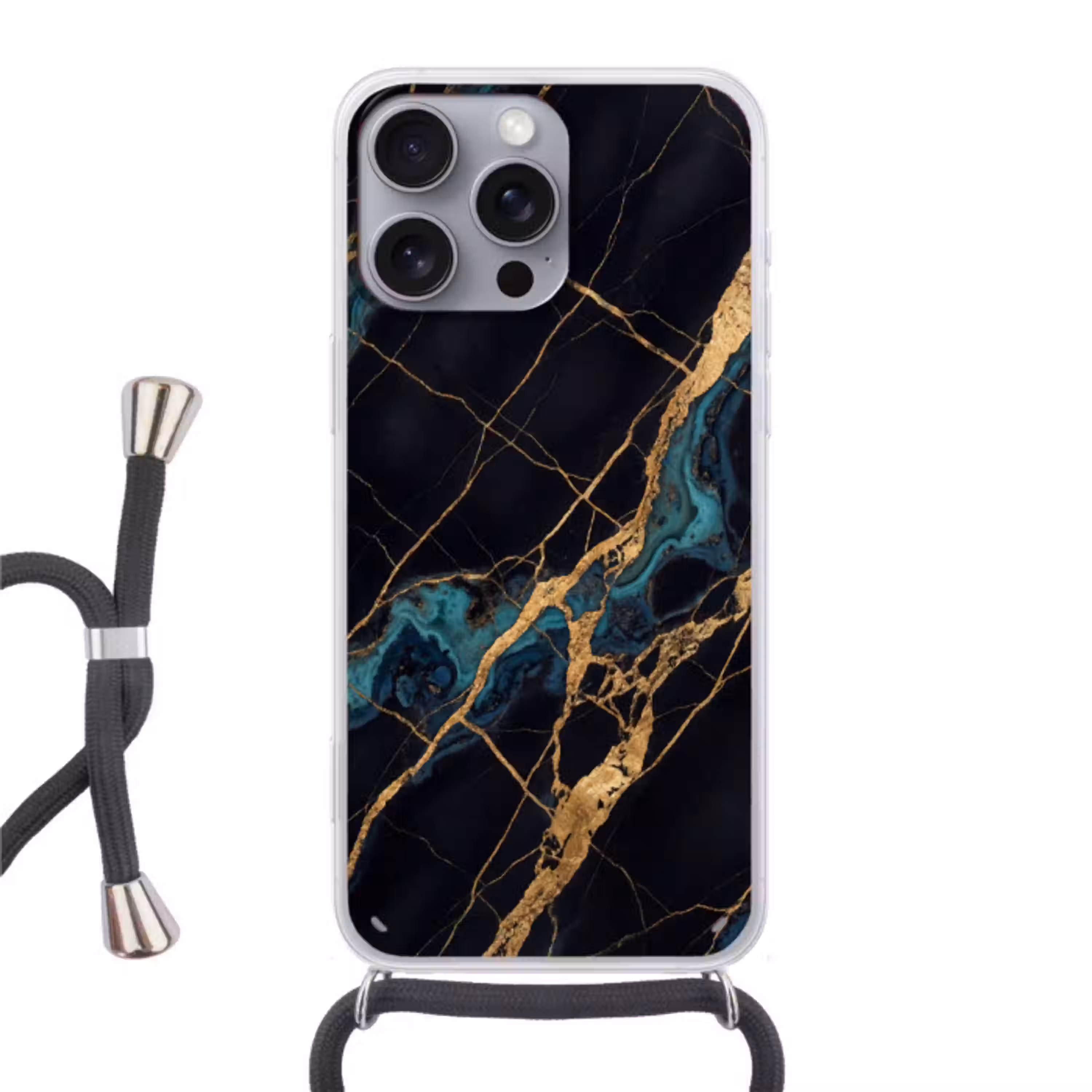 Abstract - Gouden lijnen - Kunst - Modern - Zwart Hoesje iPhone 16 Pro Max met koord klein -3d