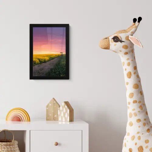 Bloemen - Weg - Lucht - Geel - Paars - Zonsondergang - Natuur fotolijst zwart zonder passe partout klein -usfeer4_kinderkamer