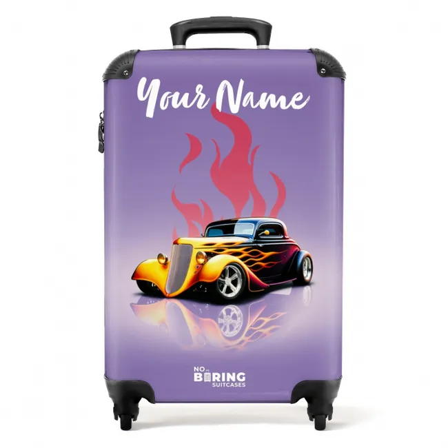 Gele auto met roze vlammen NBS - Handbagage koffer - Kinderen Unisex middel -productfoto_recht
