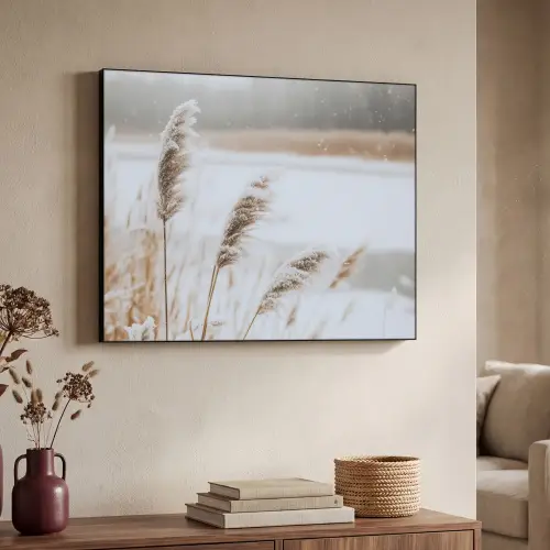 Riet - Meer - Winter - Natuur - Sneeuw - Beige Textielframe zwart klein -sfeer3