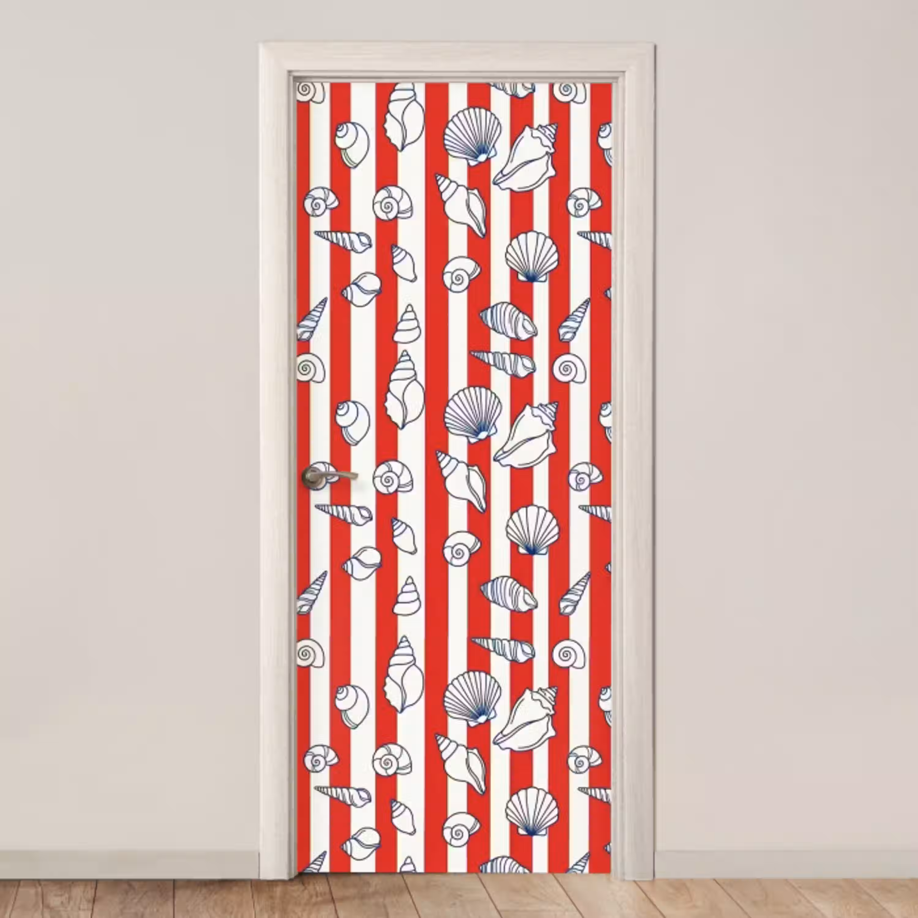 Schelp - Zeedieren - Zomer - Illustratie - Rood - Blauw deurposter klein -3d_beige