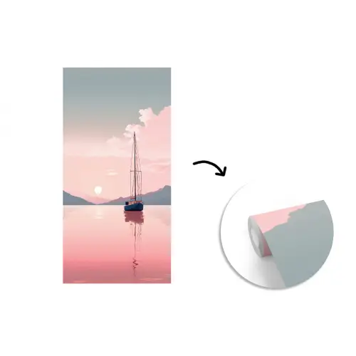 Zeilboot - Roze zee - Zonsondergang - Bergen fotobehang vinyl groot -3d