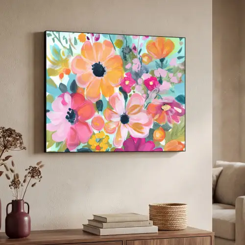 Bloemen - Schilderij - Natuur - Botanisch Textielframe zwart klein -sfeer3