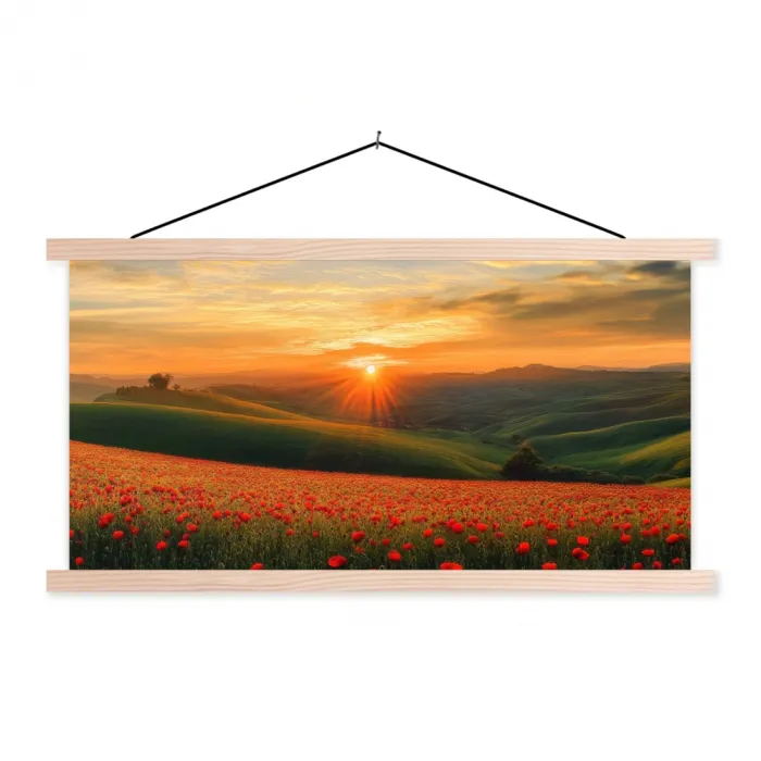Klaprozen - Bloemen - Heuvels - Zonsondergang textielposter latten blank klein -3d