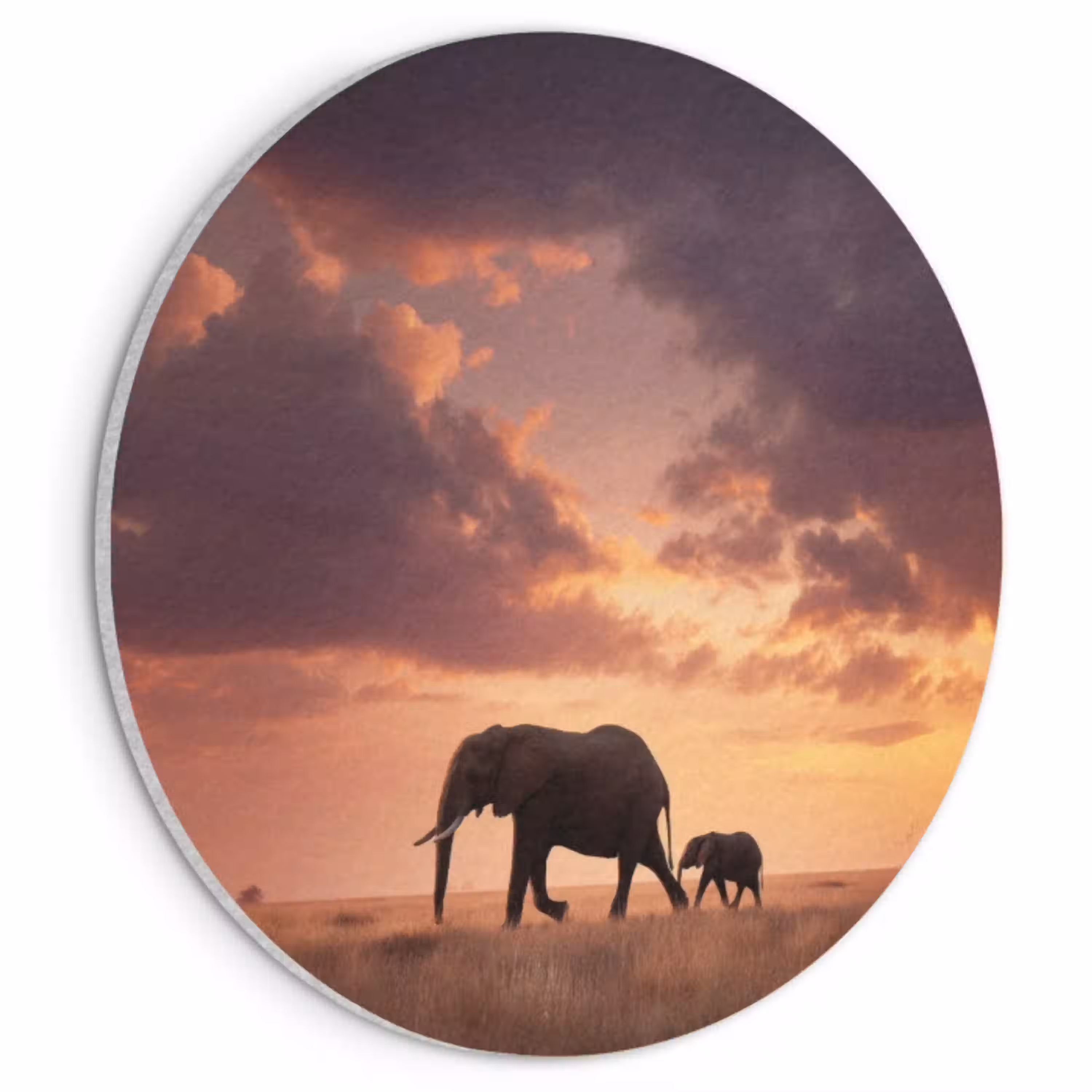 Olifanten - Grasland - Zonsondergang Akoestische PET Vilt - Rond klein -3d