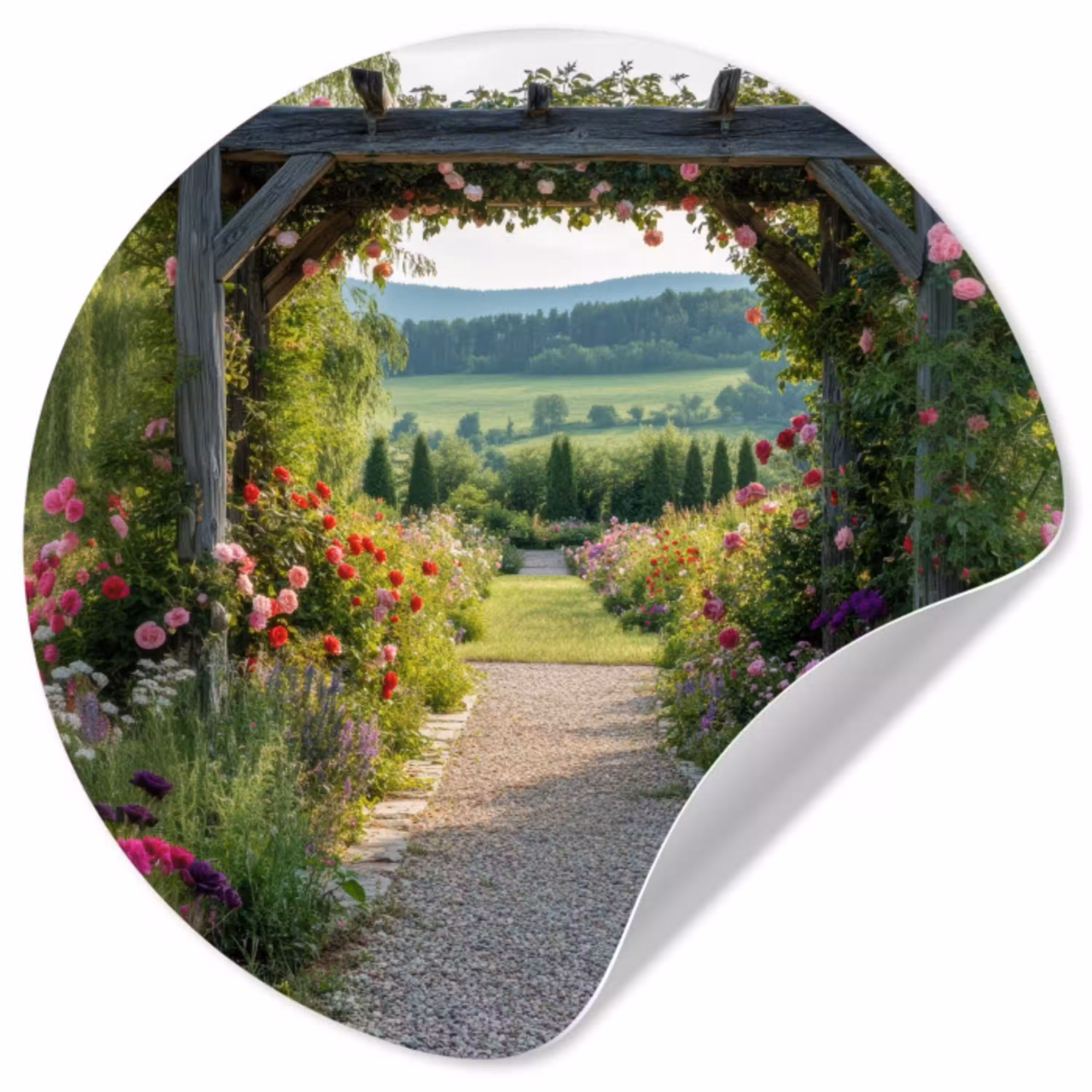 Doorkijk - Landschap - Natuur - Tuinboog - Bloemen Wandcirkel behangsticker klein -3d