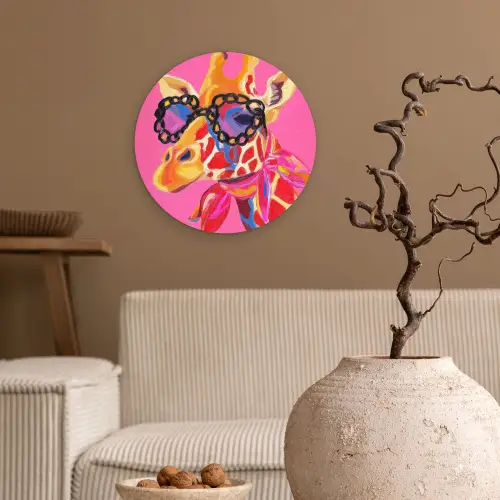 Giraf - Roze - Bril - Sjaal Wandcirkel plexiglas klein -sfeer1