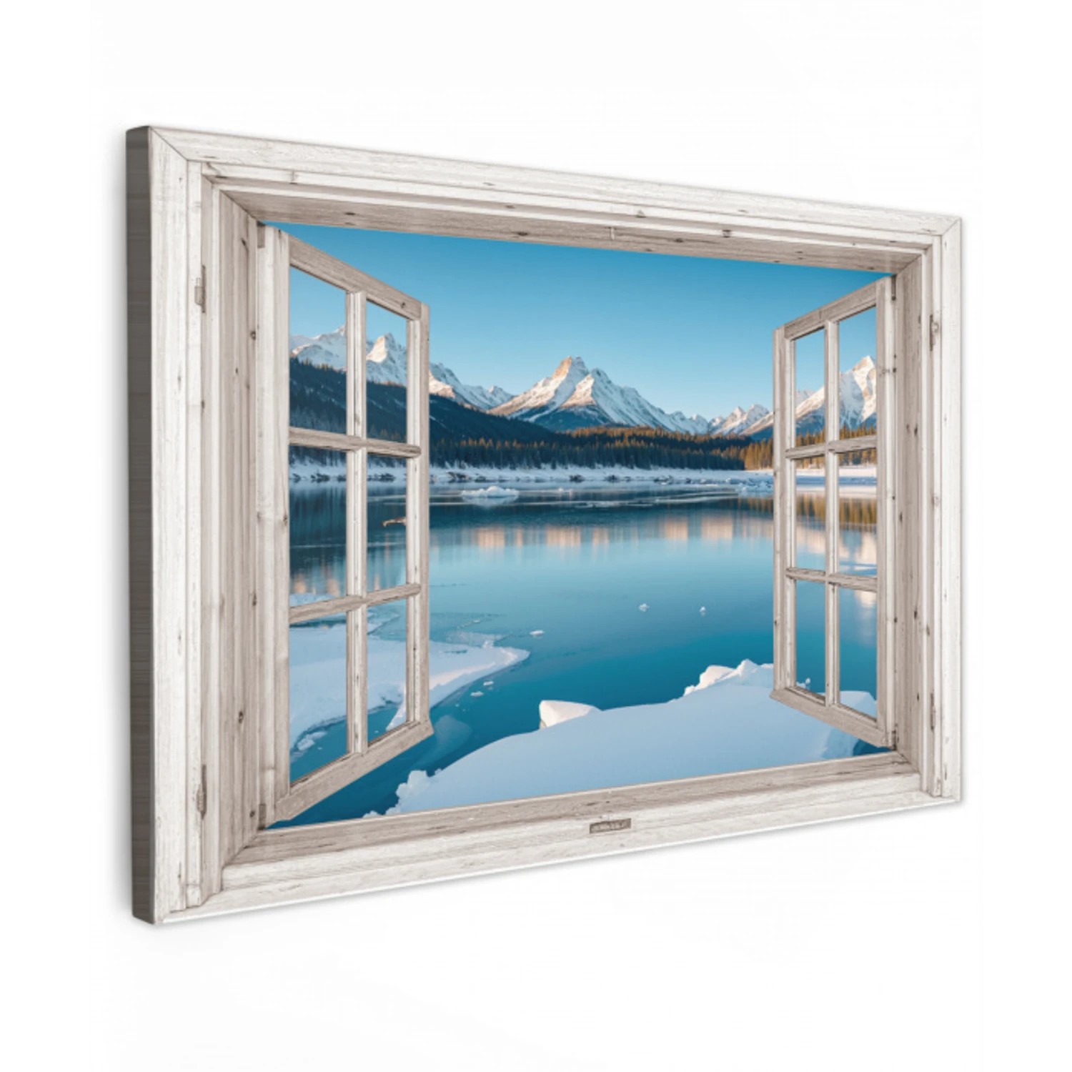 Landschap - Winter - Meer - Bergen - Uitzicht - Doorkijk - Licht Tuinposter op houten frame 2 cm dik klein -3d