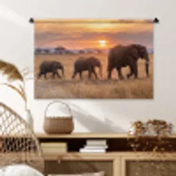 Olifanten - Savanne - Zonsondergang - Afrika - Warm Wandkleed katoen middel -sfeer5