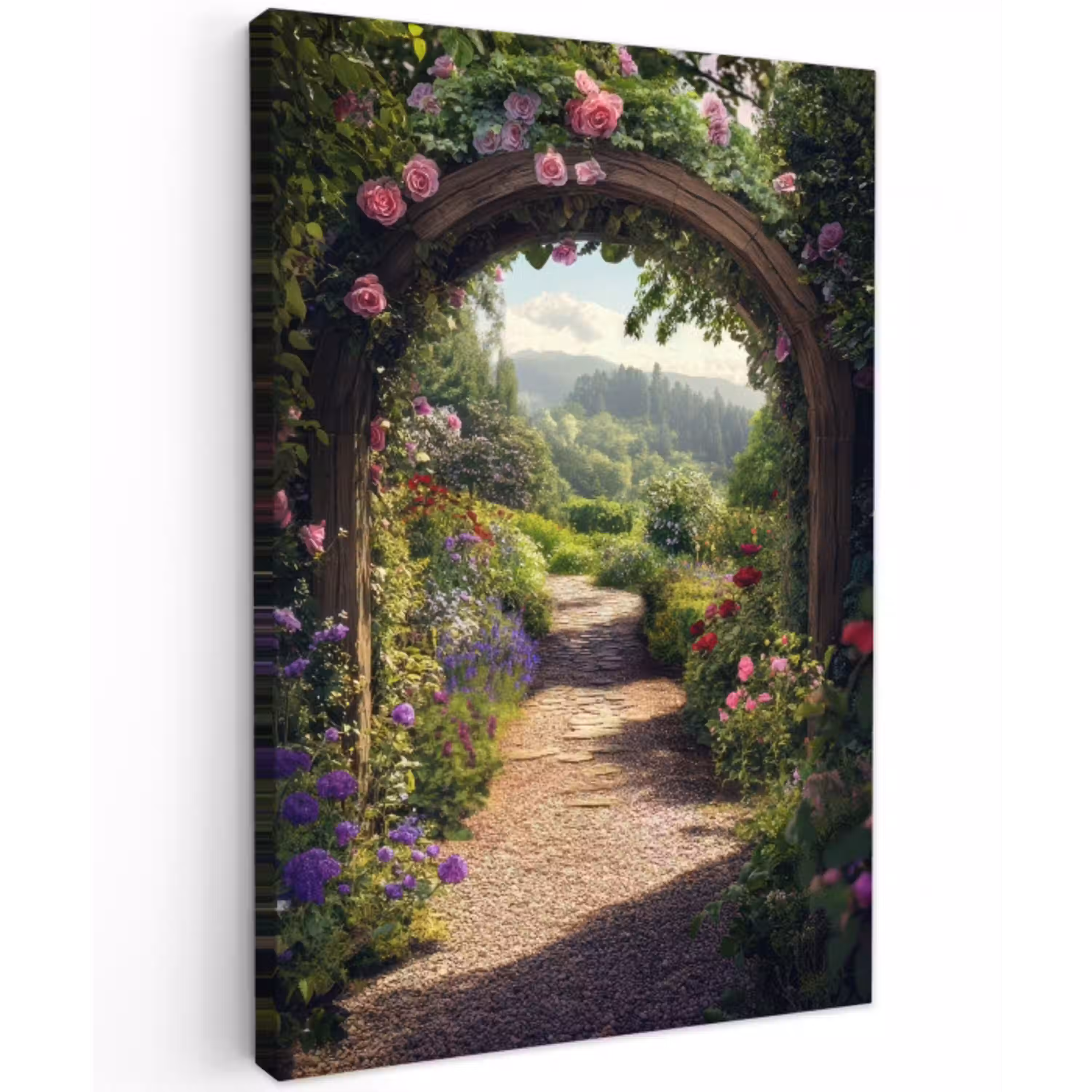 Doorkijk - Landschap - Bloemen - Rozenboog - Natuur Tuinposter op houten frame 2 cm dik klein -3d