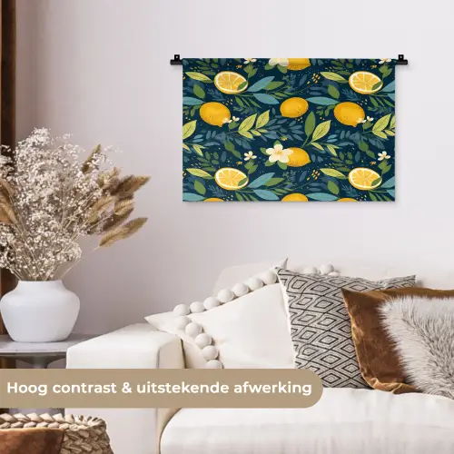 Bloemen - Bladeren - Citroenen - Blauw Wandkleed katoen klein 269 -sfeer1