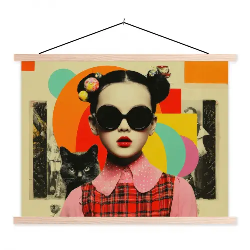 Meisje - Zonnebril - Kat - Retro textielposter latten blank klein -3d