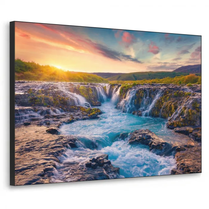 Waterval - Planten - Mos - Landschap - Zonsondergang - Rots Textielframe zwart klein -3d