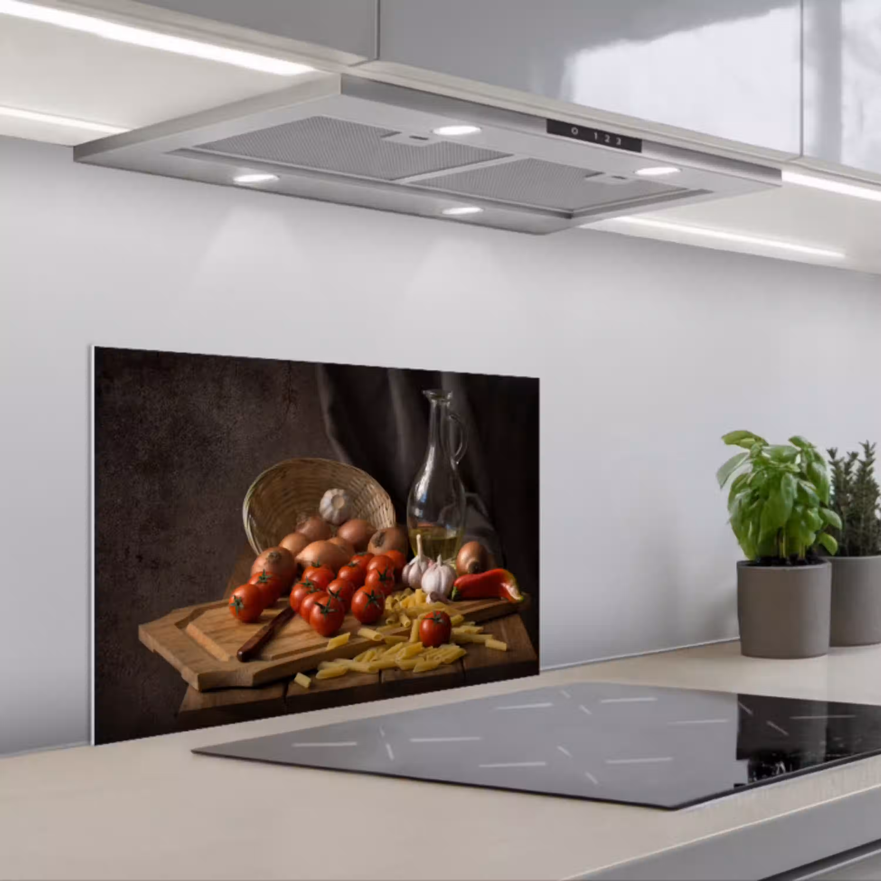 Snijplank - Groente - Stilleven - Pasta - Uit - Tomaat - Snijplank keuken achterwand spatscherm klein -3d_schuin