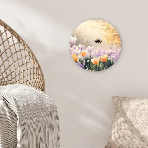 Viooltjes - bij - Zonlicht Wandcirkel kunststof plaat 5mm dik klein -sfeer5