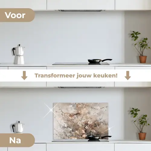 Amandelbloesem - Kunst - Van Gogh - Beige - Abstract keuken achterwand spatscherm klein -voor_na_NL