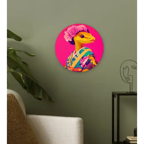 Hagedis - Bloemen - Roze - Kimono Wandcirkel plexiglas klein -sfeer3