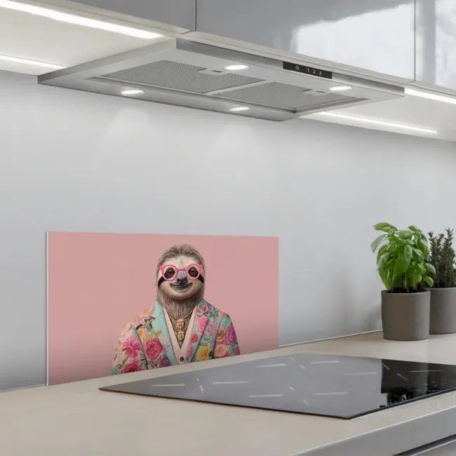 Luiaard - Bloemenprint - Bril - Roze keuken achterwand spatscherm klein -3d_schuin