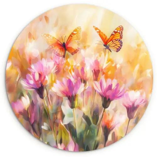 Vlinders - Oranje - Bloemen Wandcirkel kunststof plaat 5mm dik klein -3d