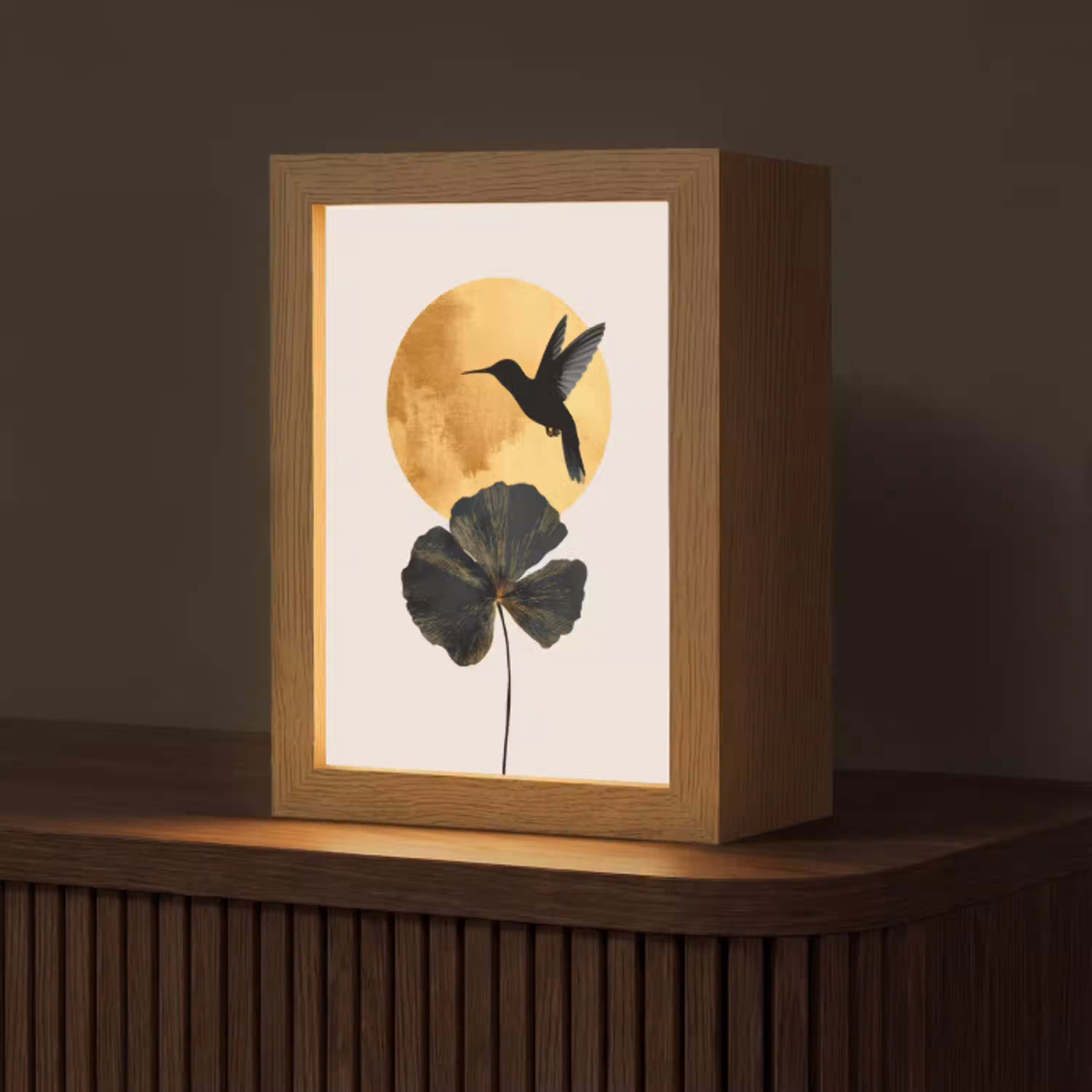 Zwarte kolibrie - Bloem - Gouden cirkel Light Box met kabel (Tafellamp) klein -z3d_website